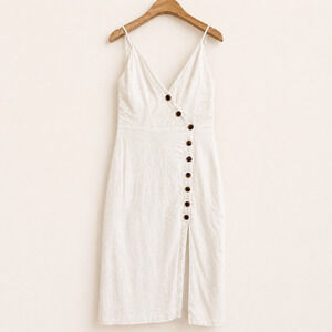 Urban Outfitters Amber White Linen Blend Button Front Midi Dress V Neck Slit SM